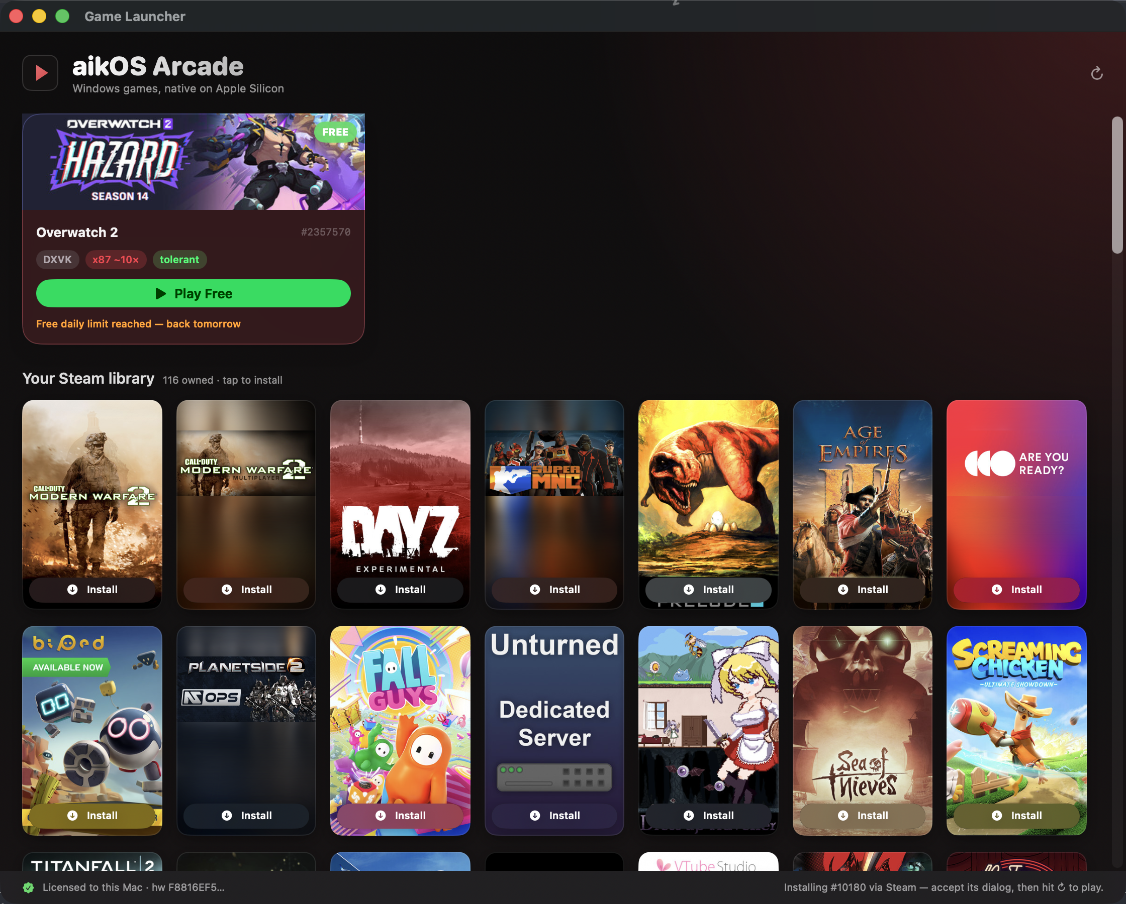 The aiko Arcade launcher: an off-black window showing Overwatch 2 with real cover art and a Play Free button, above a poster grid of the user's Steam library (Modern Warfare 2, DayZ, Age of Empires, Sea of Thieves and more) each with an Install button.