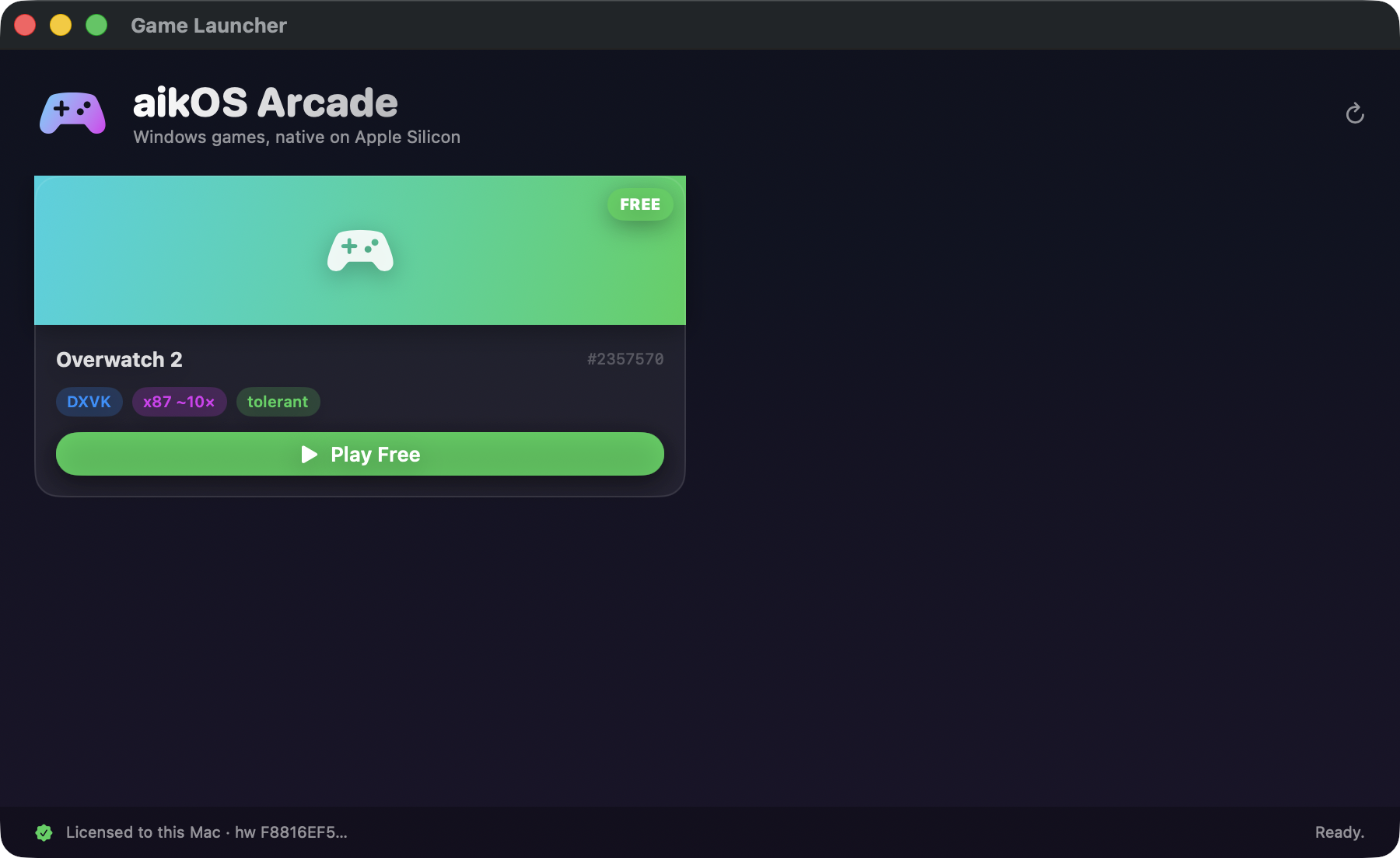 The aikOS Arcade launcher: a dark window with gradient game cover cards, price badges, and Play buttons.
