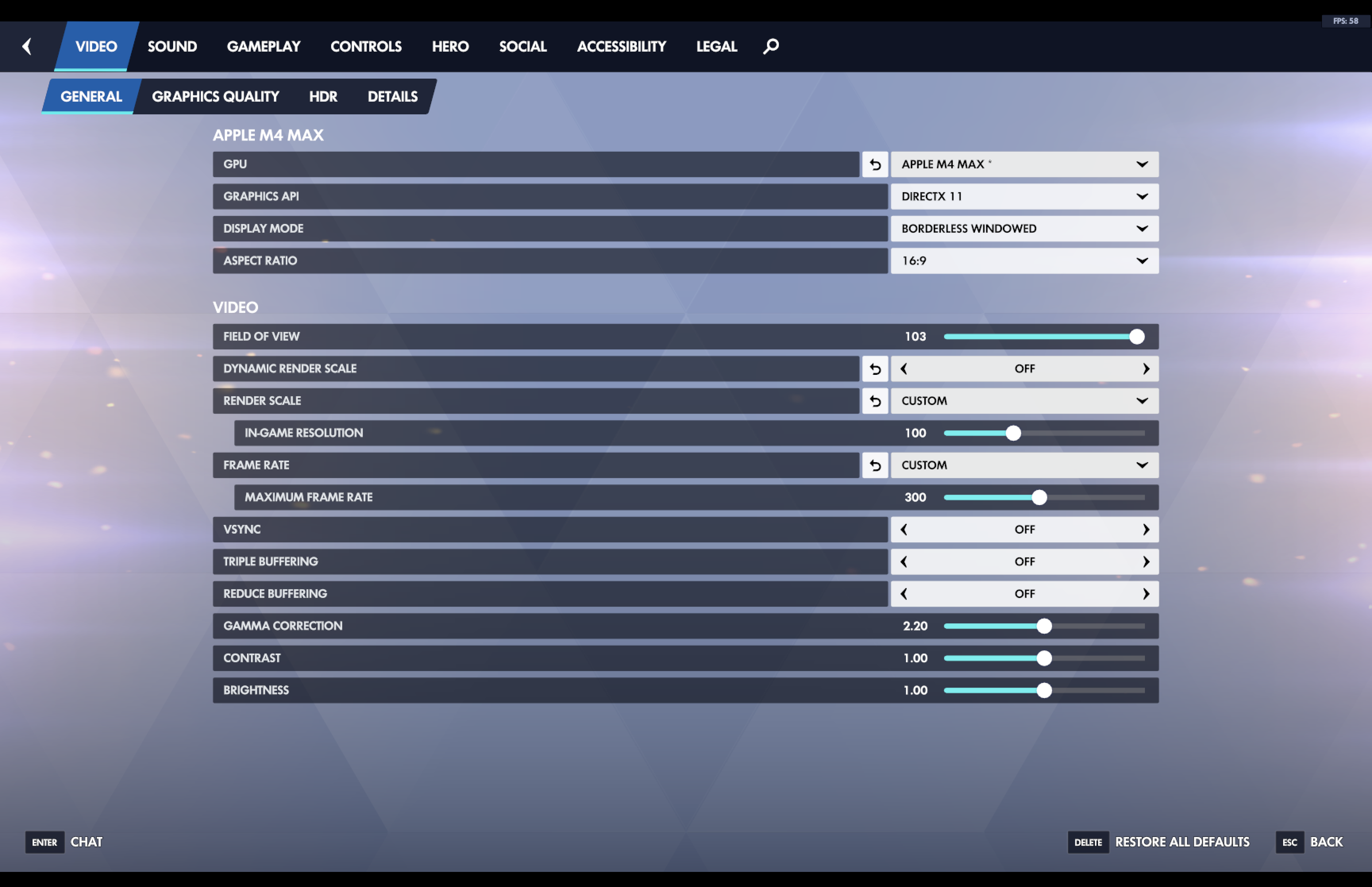 Overwatch 2's in-game Video Settings running on a Mac: GPU reads Apple M4 Max, Graphics API reads Direct3D 11.